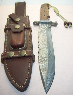 2010's P&C CUSTOM MINT UNUSED PREMIUM DAMASCUS & BURLWOOD BOWIE KNIFE w/SHEATH