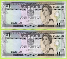 Fiji 1 Dollar ND(1987) P86 AU+ #125545-46 Pair x2