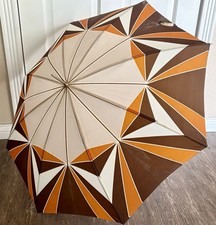 Vintage PK Polan Katz Nylon Umbrella Geometric Browns Carved Wood Handle 1950 s