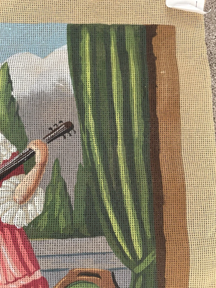 Vintage Tapestry Needlepoint Canvas Déryné Lady Playing Guitar  - Image 4 of 4
