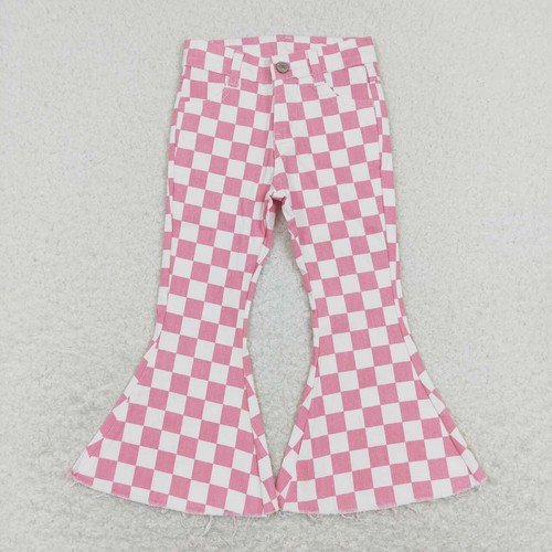 Baby Girls Checker Denim Bell Bottom Pants Flared Jeans Trousers - Picture 7 of 9