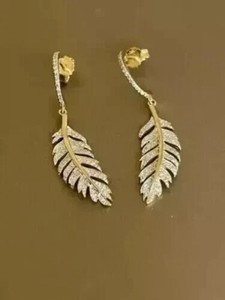 Authentic Round Cut Simulated Diamond Drop/Dangle Feather Earring 14K Yellow Gold Plated