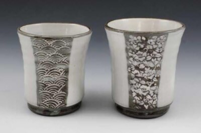 Pair Kyo Kiyomizu yaki ware Yunomi Japanese Tea cup Hori Inka Carving Japan F/S