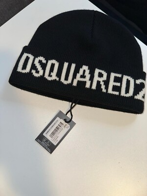 Dsquared2 Logo Embroidered Beanie Black Ribbed Knit Hat Hut Strickmütze Mütze 