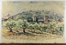 Watercolor Landscape Villeneuve-Lès-Avignon Post-Impressionism Gard Signed 1947
