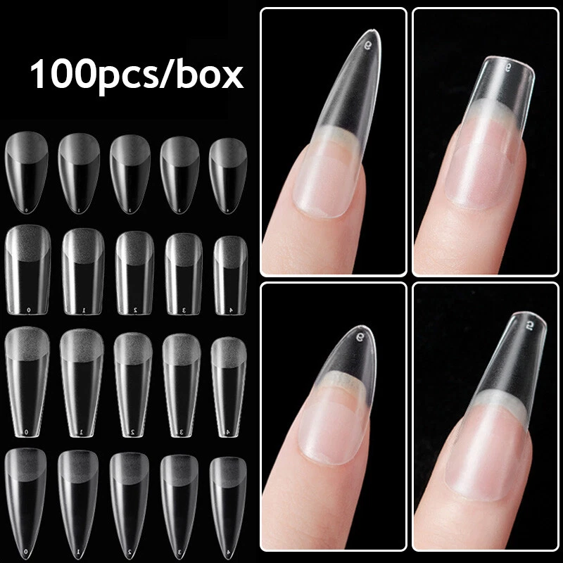 100X French Acrylic False Nail Tips Stiletto Almond Coffin Translucent UV Gel
