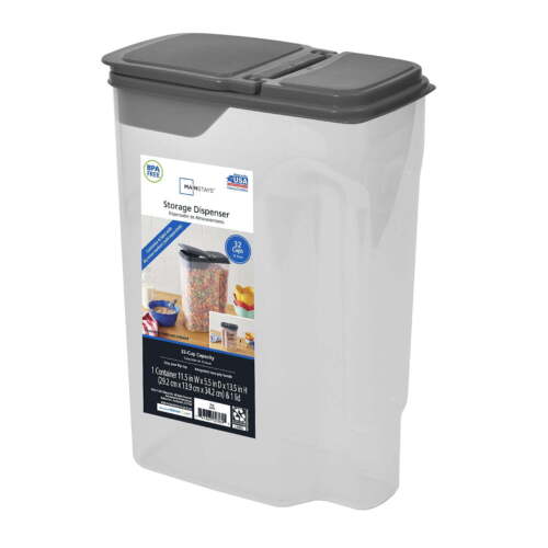 Large Cereal Dispenser, Clear Plastic with Dark Gray Lid, 32 Cups