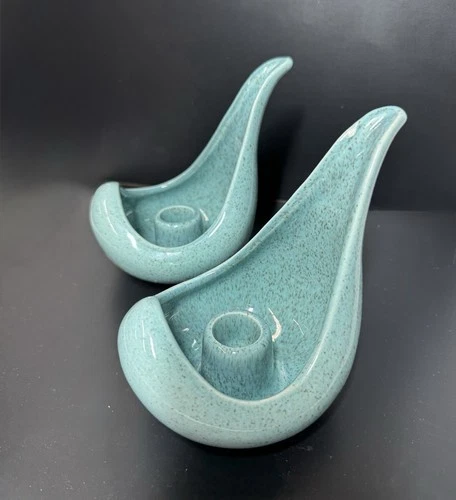 Red Wing MCM Vintage pair of Candlesticks Ceramic Teal B1409