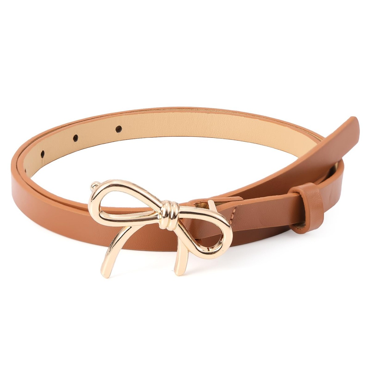 Mikovivi Gold Bow Belt Women, Elastic Leather Skinny Medium, Camel Color |  eBay