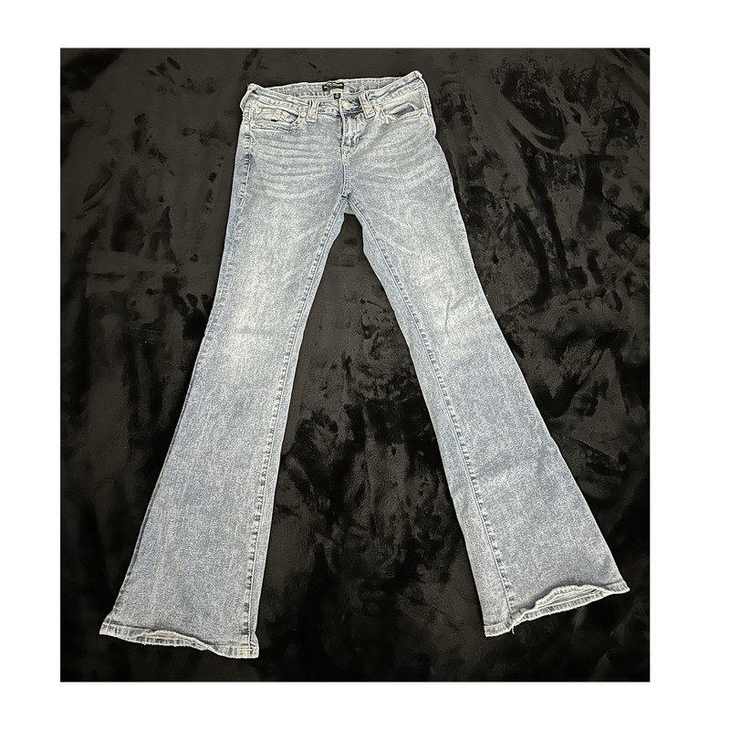 True Religion Women's Light Blue Flared Denim Jeans Logo Mid Rise Size 29 