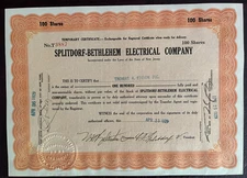 1929 SPLITDORF - BETHLEHEM ELECTRICAL CO  Stock Certificate  Thomas A Edison