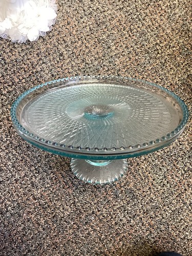 Gorgeous Jeanette Glass Ice Blue Harp Pedestal 10" Cake Stand - Picture 2 of 5