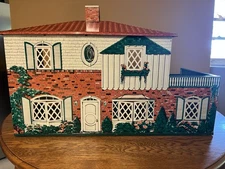 Vtg T. COHN Tin Litho Dollhouse 2 Story Chimney Great Condition 80 Furniture PCs