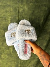 Juicy Couture Women's Blue Faux Fur Logo Cushioned Slide Slippers US 8