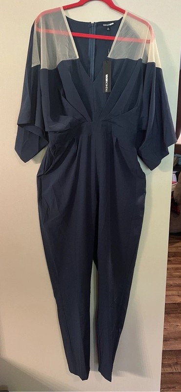 Fashion Nova Weekend Feels Jumpsuit Navy XL V-Neck Pockets Polyester sheer top