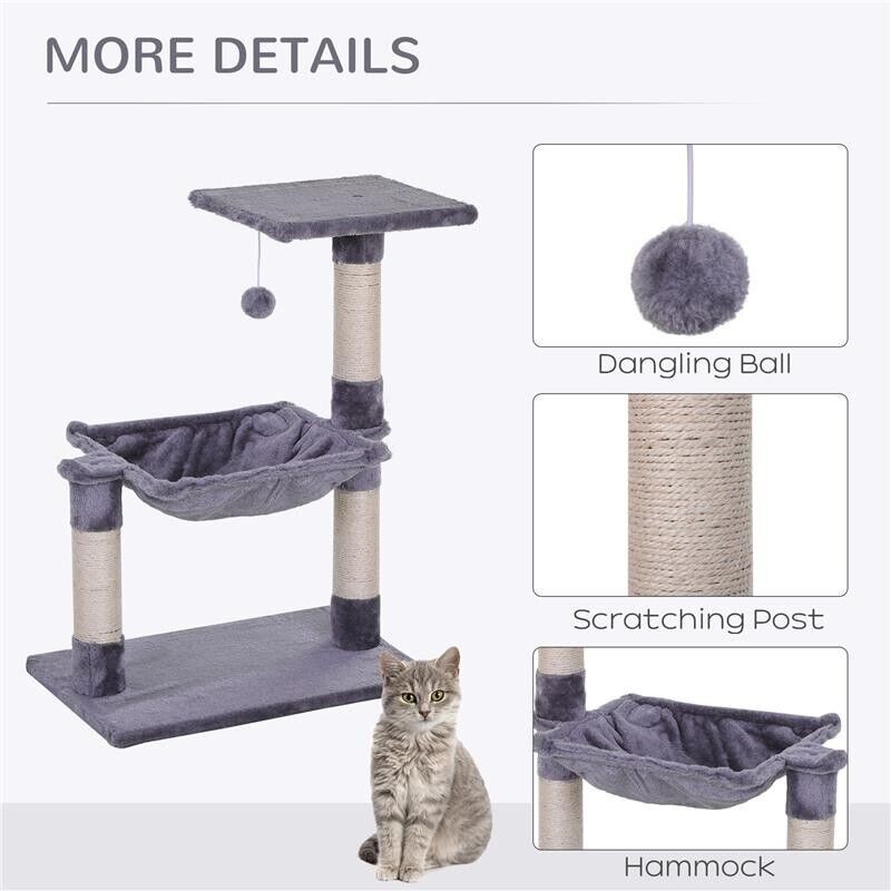 Tiragraffi multilivello per gatti con amaca, pallina, legno e peluche grigio foto 5