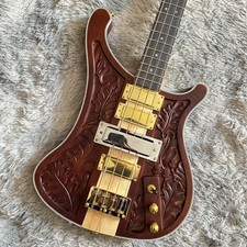 Custom Hand-Carved 4-String Electric Bass Guitar - Walnut Wood - Gold Hardware