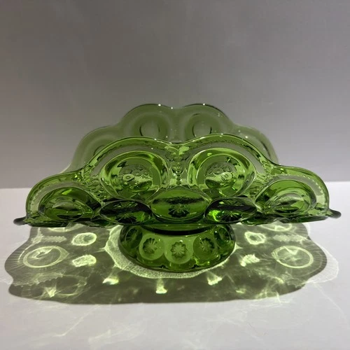 L.E. SMITH GLASS -Moon & Star Green-Low Banana Stand. Dark Green Glass 12"L. VGC