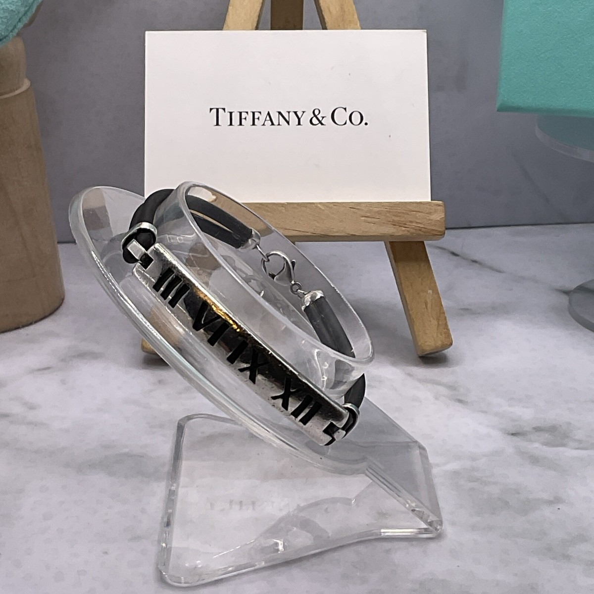 Tiffany Co Atlas Black Rubber Surfer Sterling Silver Bracelet 7,5