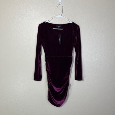 Lulus Dress Small Velvet Purple Ruched Long Sleeve Midi NEW