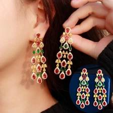 Noble Colorful CZ Bridal Costume Big Long Drop Tassel Earring Dubai Gold Jewelry
