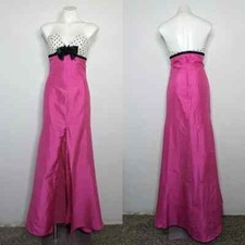 Sherri Hill pink black white polka dot silk strapless high slit maxi gown 6