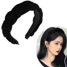 Black Velvet Braided Headbands for Women Padded Wide Hair Bands Braid Headband 