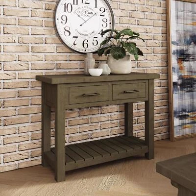 FWSTYLE Reclaimed Pine Console Table Rustic Driftwood Finish 2 Drawers 1 Shelf Hallway