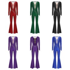Womens Dancewear Long Sleeve Rompers Overlay Jumpsuit Costume Rhinestone Back