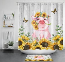 Butterfly Yellow Sunflower Pink Cute Pig Shower Curtain Bathroom Accessories Set