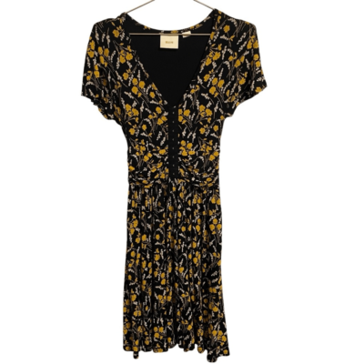 Anthropologie Maeve Printed Jersey Dress Short Sleeve Black Gold Size XS |  eBay