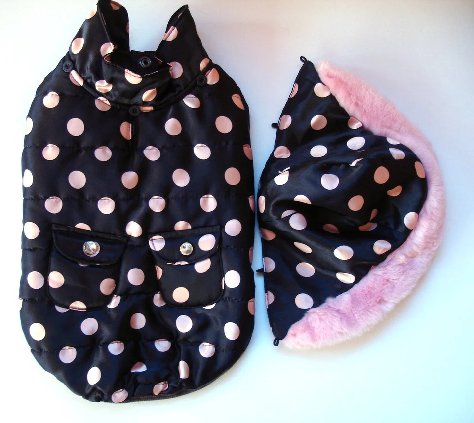 Abrigo de perro Puppia Pinkaholic capucha de piel extraíble lunares rosas pequeño al por menor $69 Foto 2 de 4