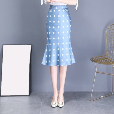 Womens Loose Satin Skirts Polka Dot Faux Silk Elastic Waist Casual