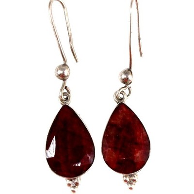 Genuine Red Ruby Earrings   Sterling Silver   Teardrop   Faceted   Hook