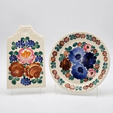 Set Of 2 Vtg Wloclawek Polish Pottery Hand Painted Trivet and Plate Hang Ready