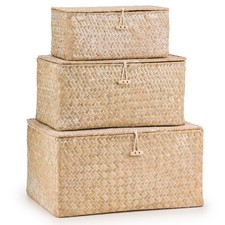 Set of 3 Seagrass Storage Box With Lid, Woven Shelf Basket, Organiser Hampers