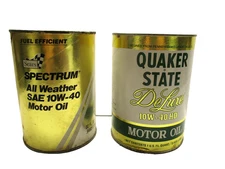 2 - Quaker State & Sears Spectrum Motor Oil Quart Vintage Car Truck Parts USA
