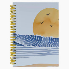 Spiral Bound Blank Journal Notebook Ocean Waves Sun Birds Cover Gold Spiral