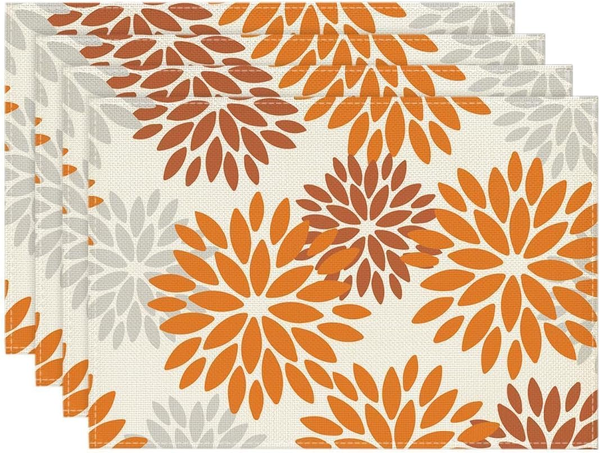 Blumen Orange Dahlien Herbst Platzsets 4Er Set, 30X45Cm Urlaub Tischsets Waschba-image