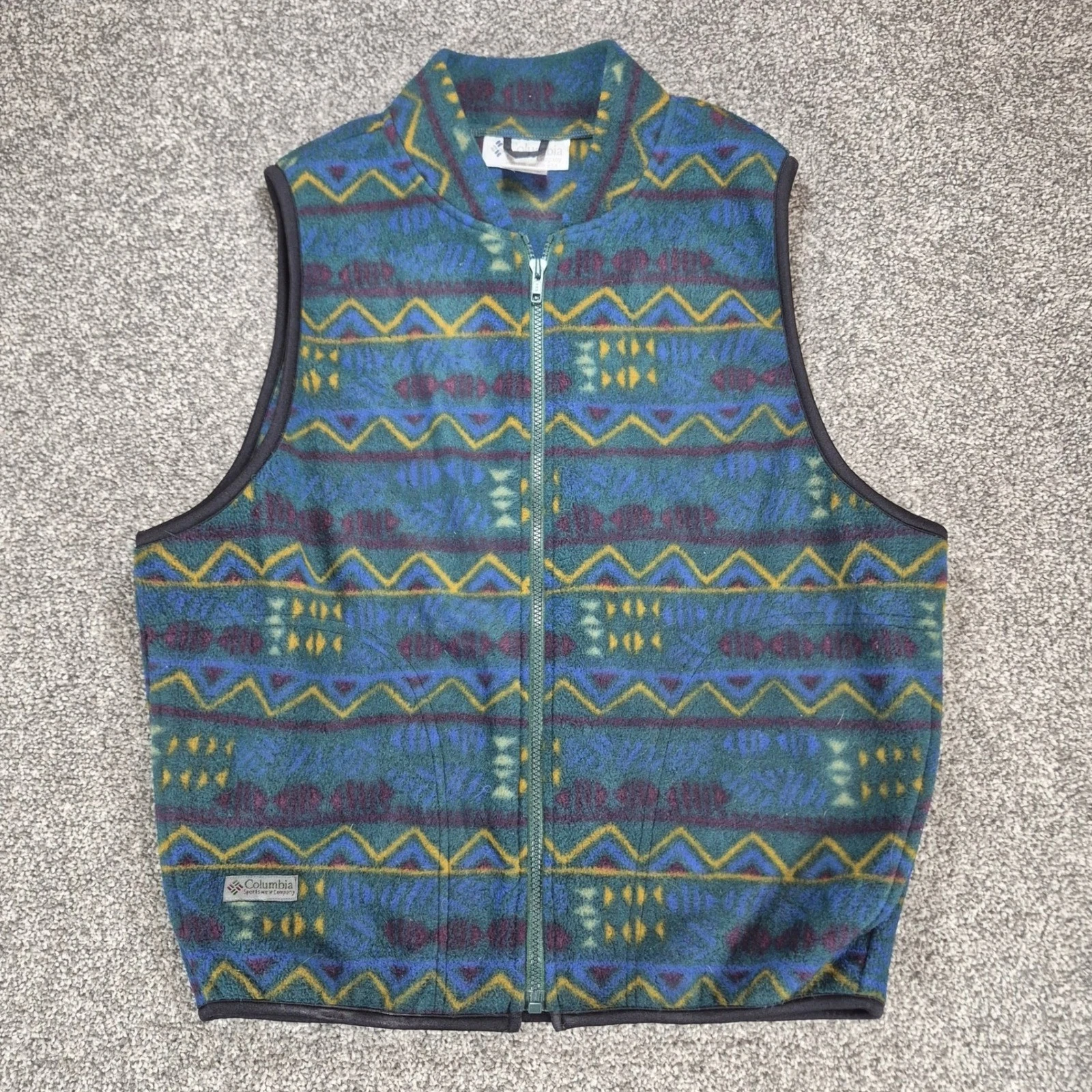 Columbia Aztec Fleece Vest Mens Medium 90s Teal Geometric Full Zip