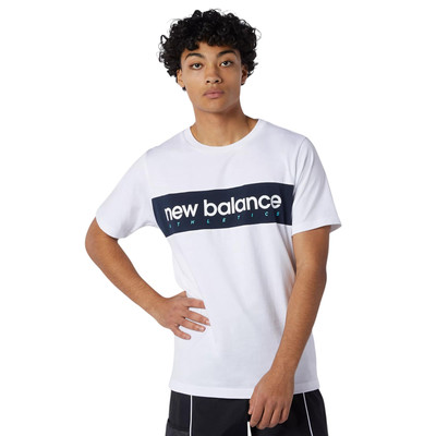 New Balance Athletics Herren Linear Spellout Logo T-Shirt Tee Top Weiß Retro Neu