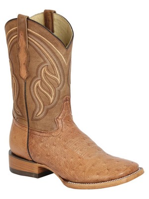 Genuine Exotic Smooth Ostrich Skin Square Toe Western Cowboy Boots - Brandy
