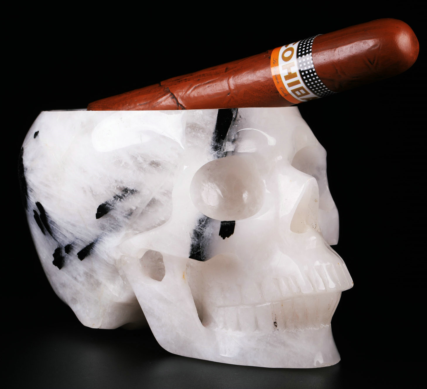 Huge 5.0" Tourmaline Crystal Quartz Carved Skull,Super Realistic,Crystal Healing