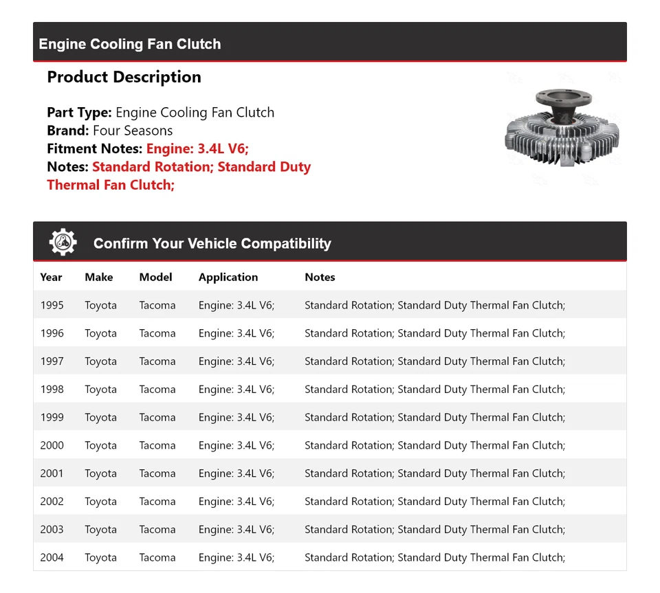 For 1995-2004 Toyota Tacoma 3.4L V6 Engine Cooling Fan Clutch 4 Seasons 1996 - Image 2 of 4