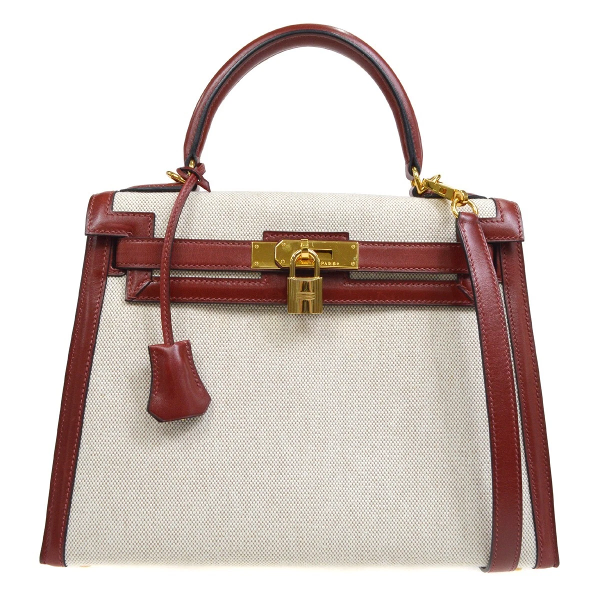 HERMES KELLY 28 SELLIER 2way Hand Bag Natural Rouge H Toile H Box