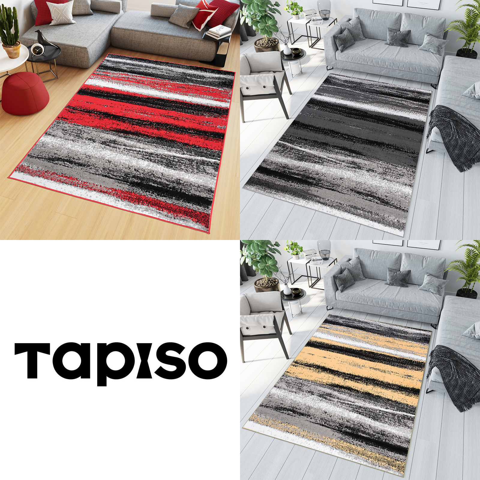 Alfombra de salón piso corto diseño a rayas gris rojo amarillo dormitorio moderno