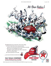1952 Print Ad Texaco Fire Chief Gasoline Dogs Playing Football 11x14