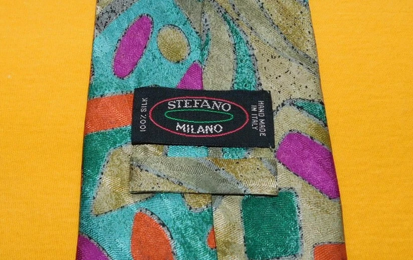 STEFANO MILANO MADE IN ITALY GREEN/ORANGE/YELLOW ABSTRACT DESIGN TIE - TIES. - Image 3 of 3