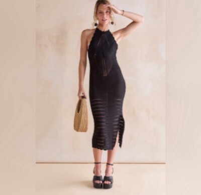 Francesca's NWT Abigail Halter Crochet Midi Dress - Black - Size Medium