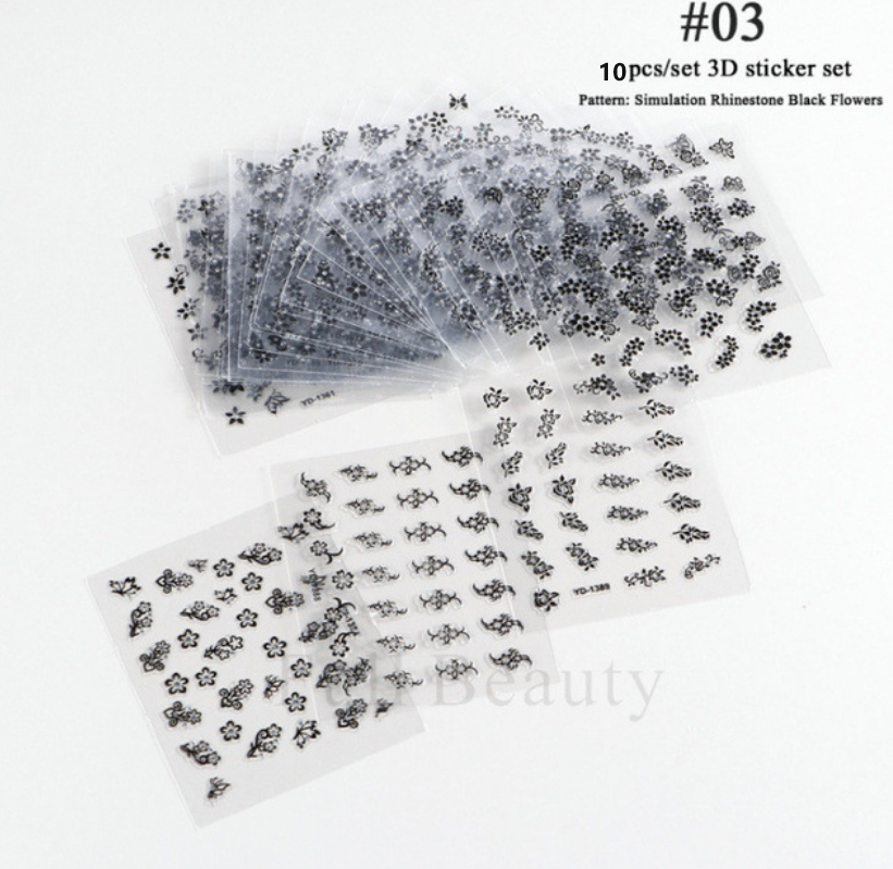 10Pcs Rhinestone Black Daisy Flower Nail Art Sticker Decoration Manicure #3